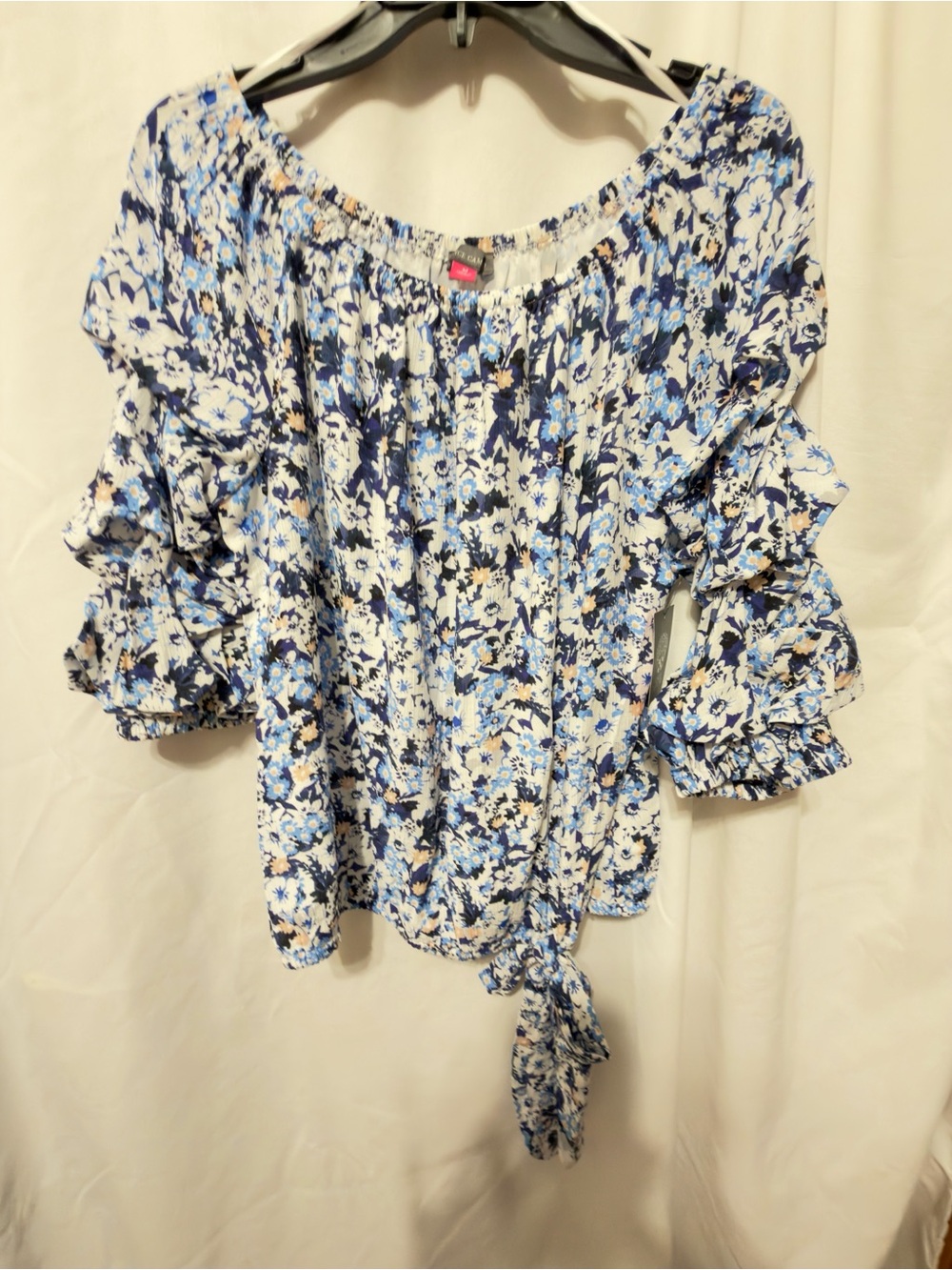 Vince Camuto Off Shoulder Bubble Sleeve Side Tie Blouse, size M, Blue Shadow NWT - Picture 7 of 14